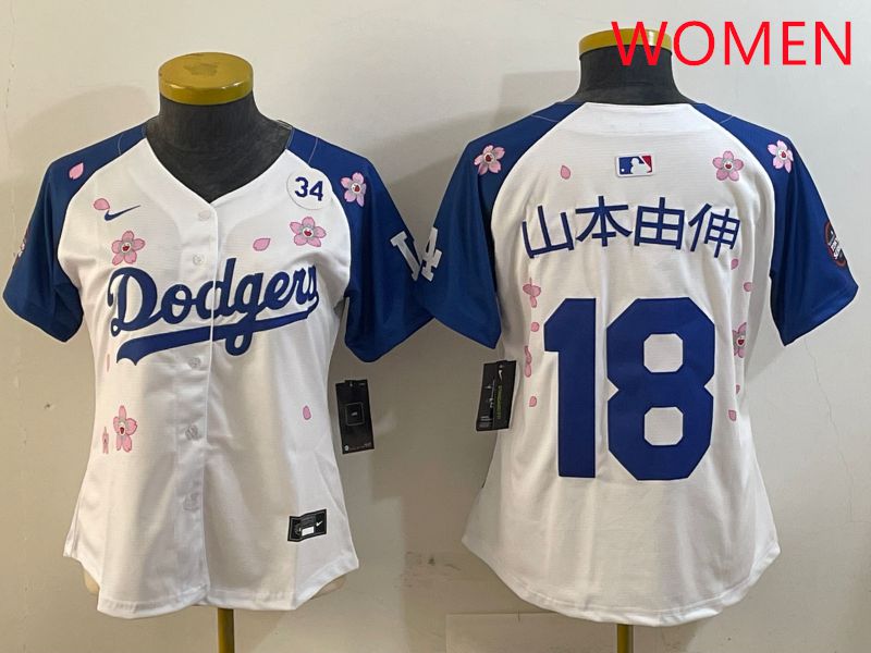 Women Los Angeles Dodgers #18 Yamamoto White Blue Sakura Edition 2025 Nike MLB Jersey style 13->women mlb jersey->Women Jersey